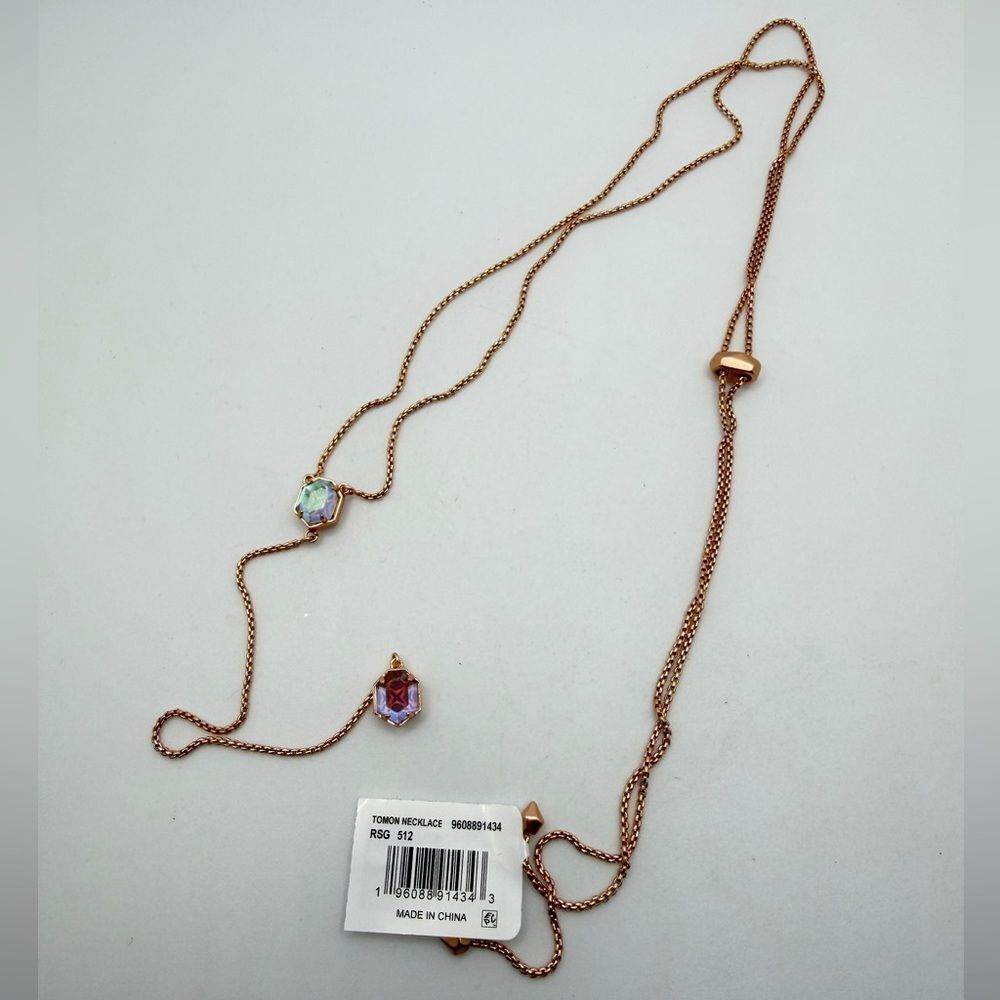 NWT Kendra Scott "Tomon" lariat Necklace in rose gold metal w/ dichroic glass! - Picture 9 of 13